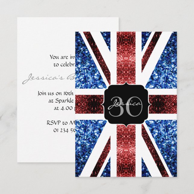 Invitación Bandera del Reino Unido azul brillante purpurinas  (Anverso / Reverso)