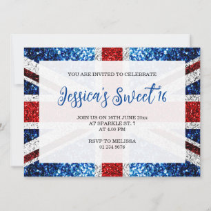 Invitación bandera del Reino Unido roja blanca azul purpurina