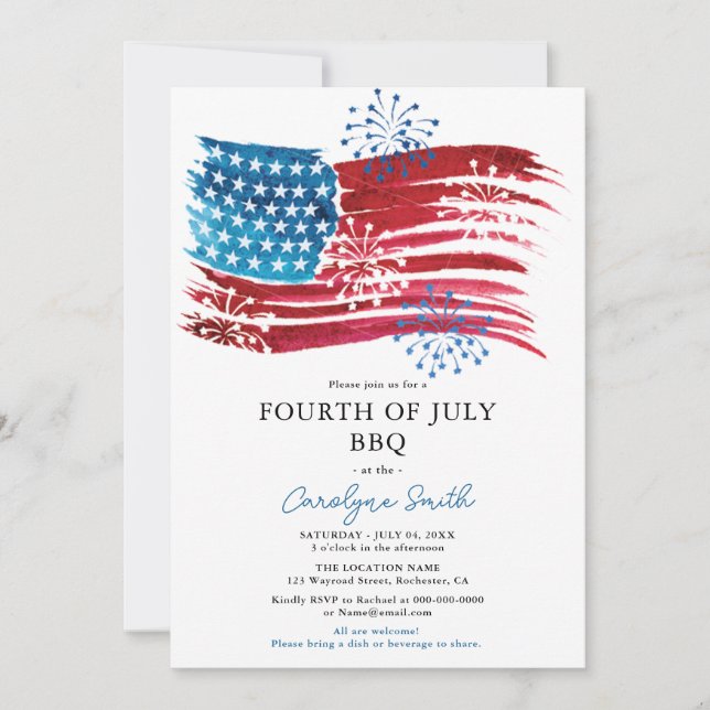 Invitación Bandera estadounidense 4 de julio Fiesta de barbac (Anverso)