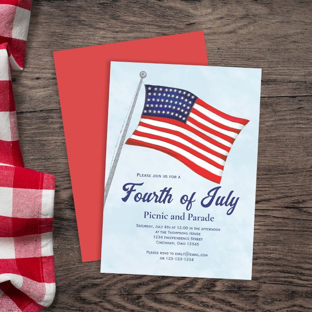 Invitación Bandera estadounidense acuarela 4 de julio (Retro Classic Fourth of July Custom Invitations. With watercolor American Flag)