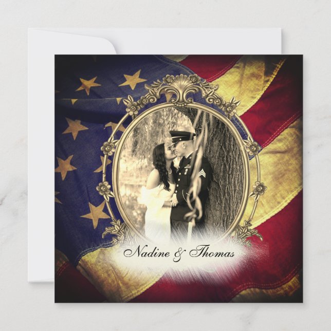 Invitación Bandera estadounidense Boda militar con fotografía (Reverso)