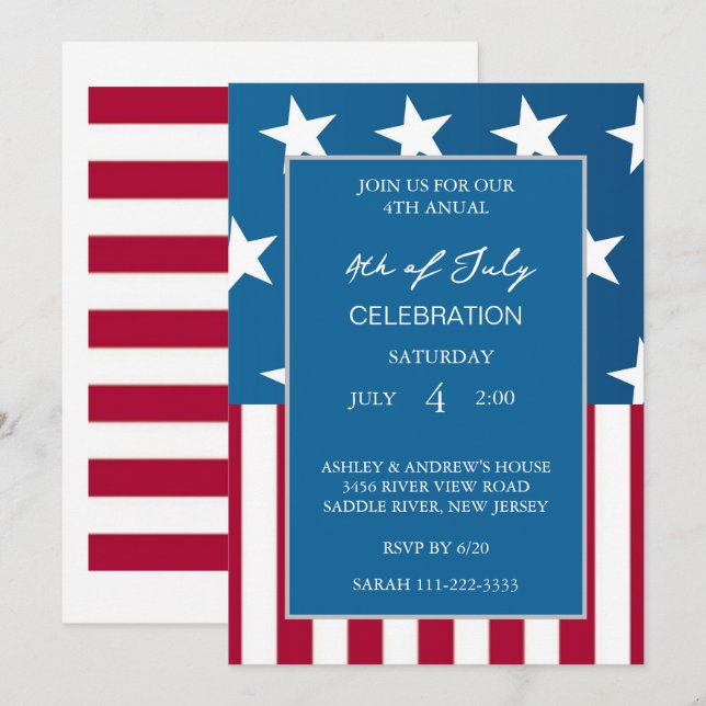 Invitación Bandera Estadounidense Moderna Patriótica Blanca Y (Anverso / Reverso)