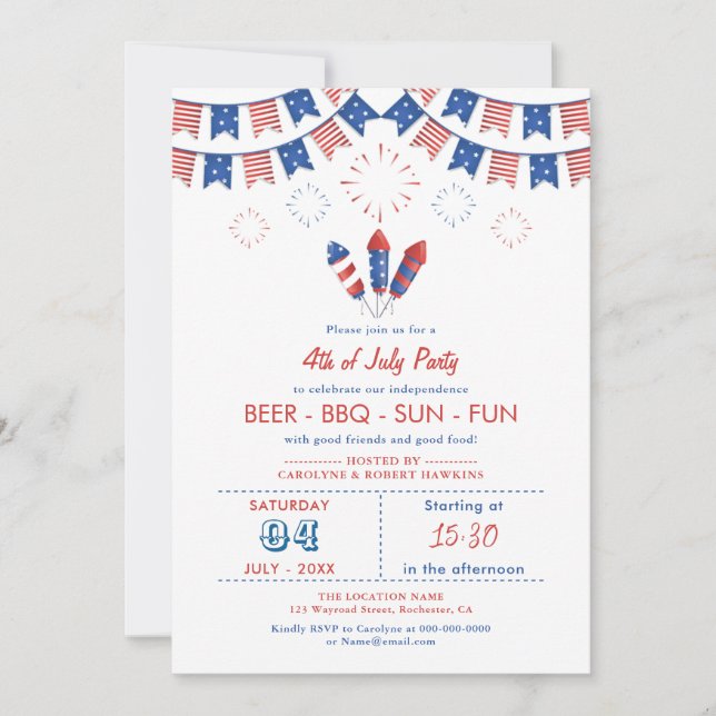 Invitación Bandera estadounidense roja, blanca y azul 4 de ju (Anverso)