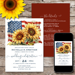 Invitación Bandera estadounidense y girasoles todos en un sol