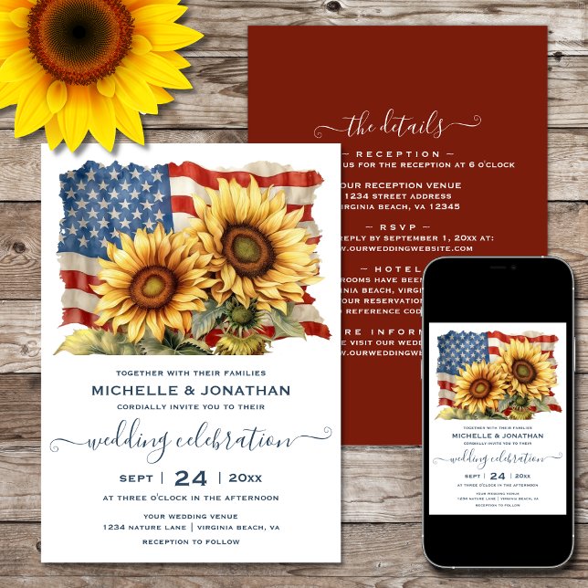 Invitación Bandera estadounidense y girasoles todos en un sol (Printed (Front and Back) and Digital - American Flag and Sunflowers All in One Wedding Invitation)