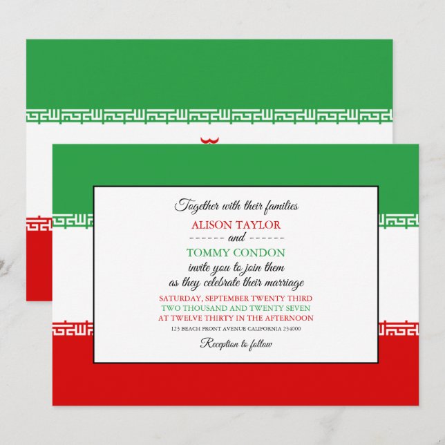 Invitación Bandera iraní, bandera de Irán Boda (Anverso / Reverso)