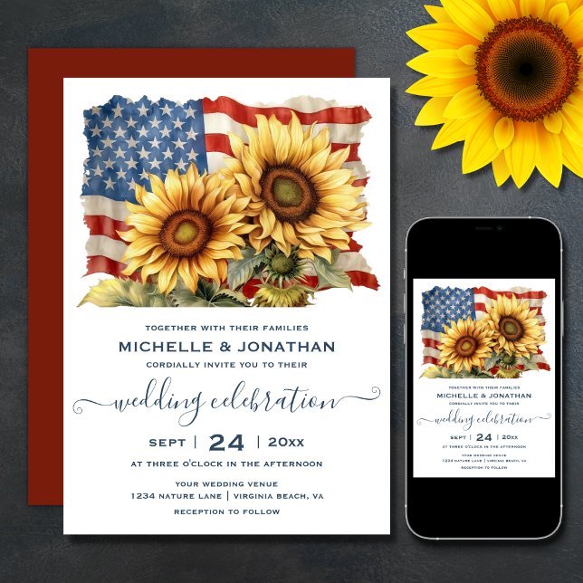 Invitación Bandera Patriótica Americana Boda del Girasol (Printed (Front and Back) and Digital Patriotic American Flag Sunflower Wedding Invitation)