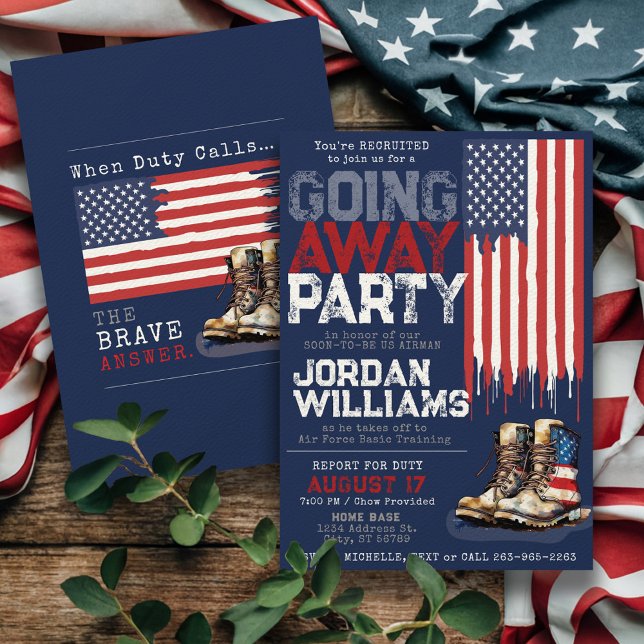 Invitación Bandera Patriótica Ejército ausente Fiesta de desp (Patriotic USA flag military going away farewell party invitation for Air Force, Army, Navy, Marines)