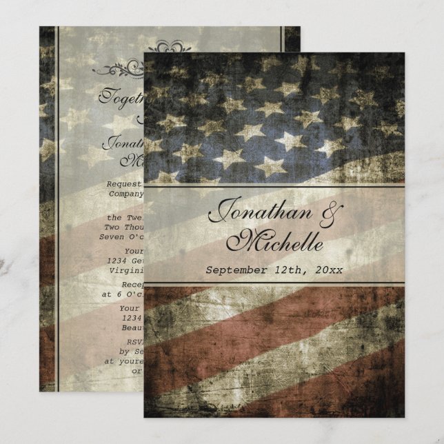 Invitación Bandera patriotica vintage estadounidense con Boda (Anverso / Reverso)