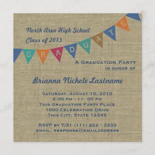 Invitación Bandera Pennant de Graduación y Burlap