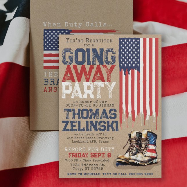 Invitación Bandera rusa militar estadounidense despedida Fies (Rustic military farewell going away party invitation front and back with vintage combat boots & flag)