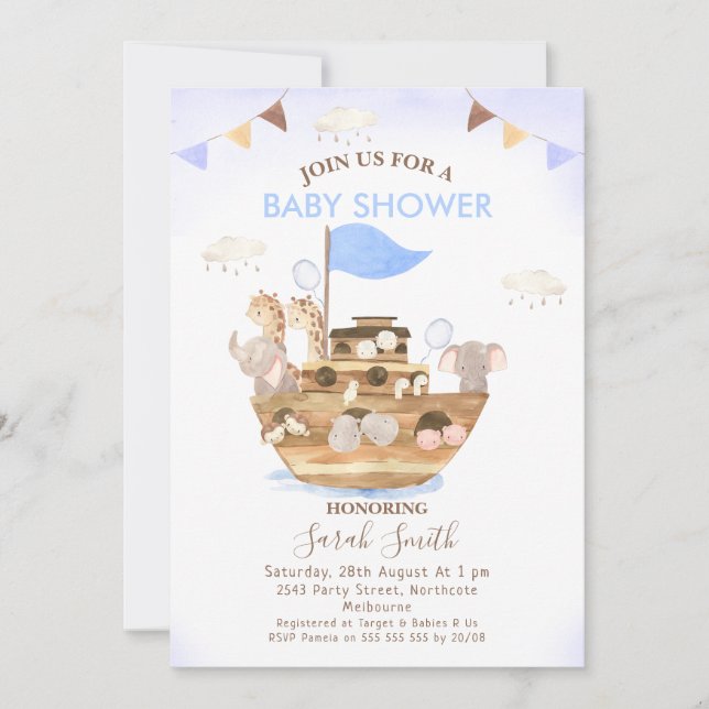 Invitación Banderas de Bunting Noah's Ark Boys Baby Shower (Anverso)