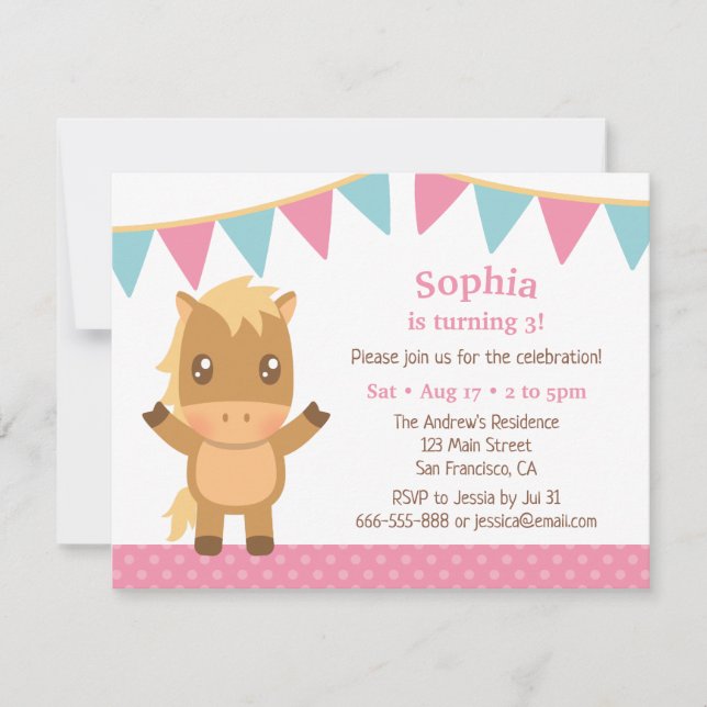 Invitación Banderas de Cumpleaños de Caballo Adorable para Ni (Anverso)