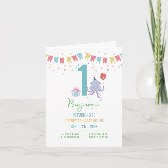 Invitación Banderas de globos de pulpo colorido lindo primer  (Anverso)