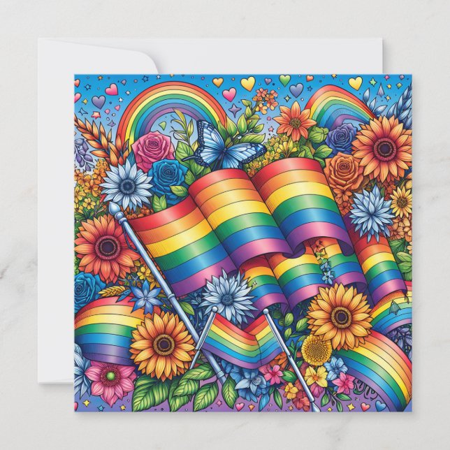 Invitación Banderas del orgullo LGBTQIA+, arcos de lluvia y f (Anverso)