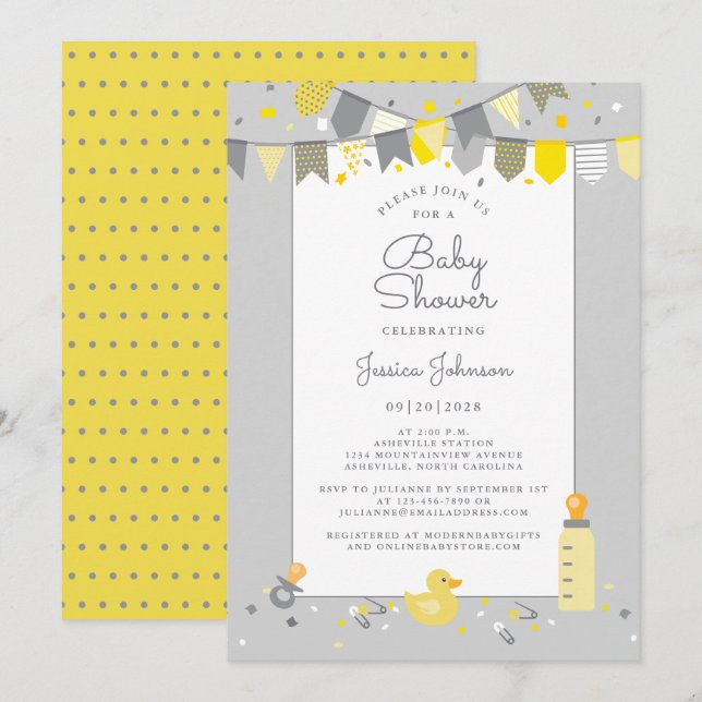 Invitación Banderas modernas de Baby Shower amarillas y grise (Anverso / Reverso)