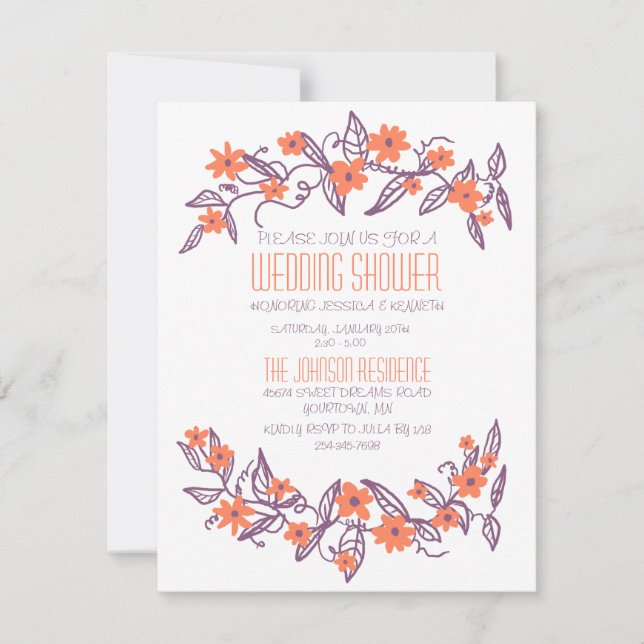 Invitación Banderas moradas y Naranjas de flores ducha de mat (Anverso)