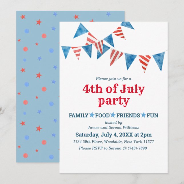 Invitación Banderas rojas blancas azules 4 de julio invitacio (Anverso / Reverso)
