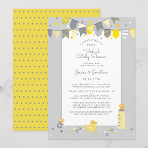 Invitación Banderín moderno de bebé virtual amarillo gris ado