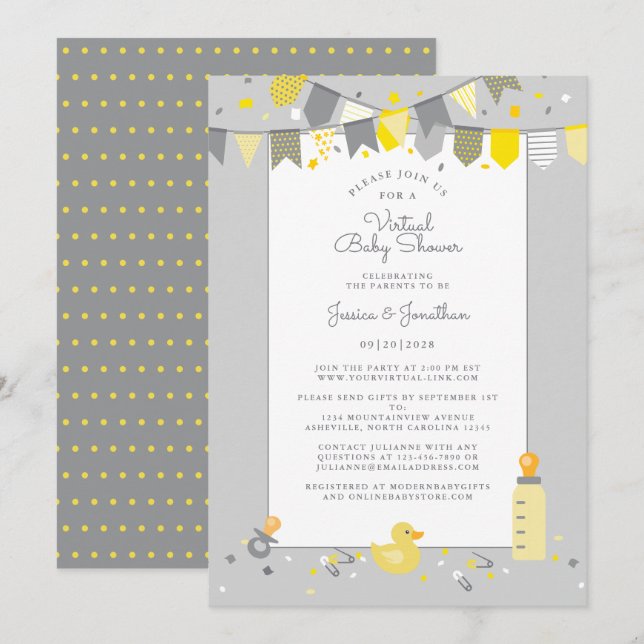Invitación Banderín Virtual de Baby Shower Gris Amarillo Lind (Anverso / Reverso)