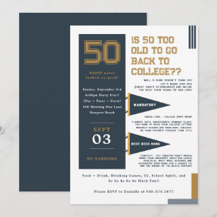 Invitación Banderines universitarios Cumpleaños 50 azul y d