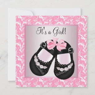 Invitación Bañera rosa Zapatos negros Pink Black Baby Shower