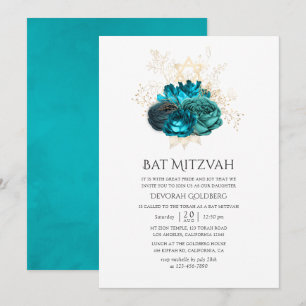 Invitación Báñez y Floral Dorado Bat Mitzvah