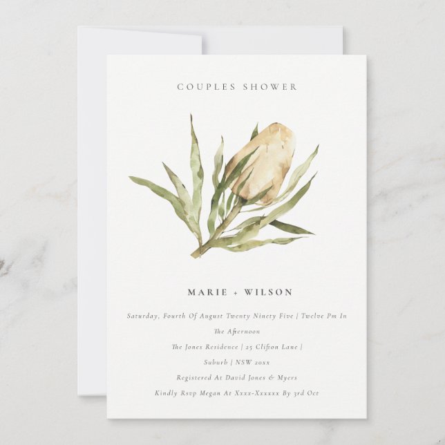 Invitación Banksia Nativa Acuarela Ducha de Parejas Florales (Anverso)