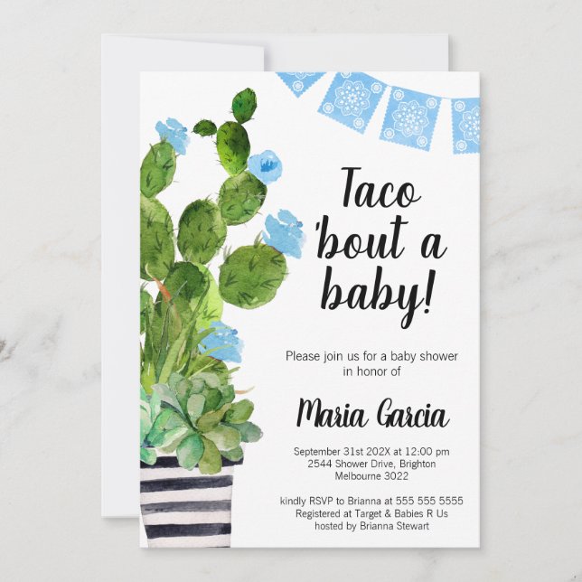 Invitación Banner azul Cactus Taco Bout A Baby Baby Shower (Anverso)