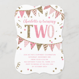 Invitación Banner de Purpurina Rosa y Oro Segundo cumpleaños