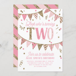 Invitación Banner de Purpurina Rosa y Oro Segundo cumpleaños