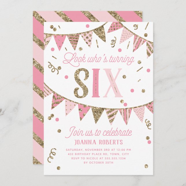 Invitación Banner de Purpurina Rosa y Oro Sexto cumpleaños (Anverso / Reverso)