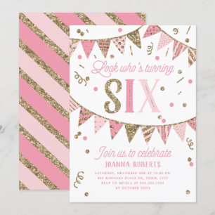 Invitación Banner de Purpurina Rosa y Oro Sexto cumpleaños