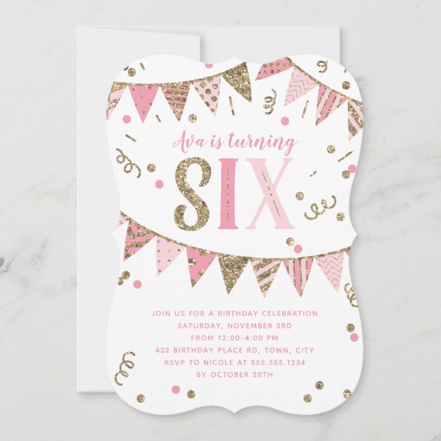 Invitación Banner de Purpurina Rosa y Oro Sexto cumpleaños (Anverso)