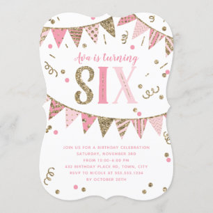 Invitación Banner de Purpurina Rosa y Oro Sexto cumpleaños