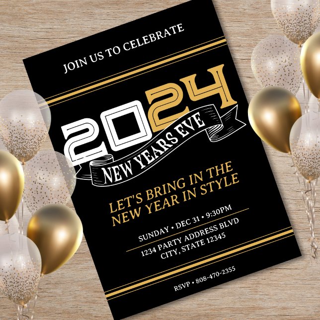 Invitación Banner Fiesta de Año Nuevo Negro y Oro 2024 (Black & Gold New Years Eve Party Banner 2024 Invitation)