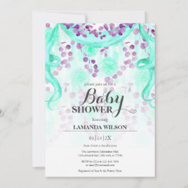 Invitación Banner floral morado y Verde azulado Baby Shower