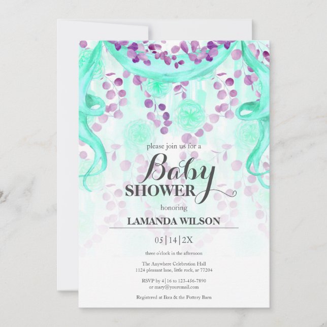 Invitación Banner floral morado y Verde azulado Baby Shower (Anverso)