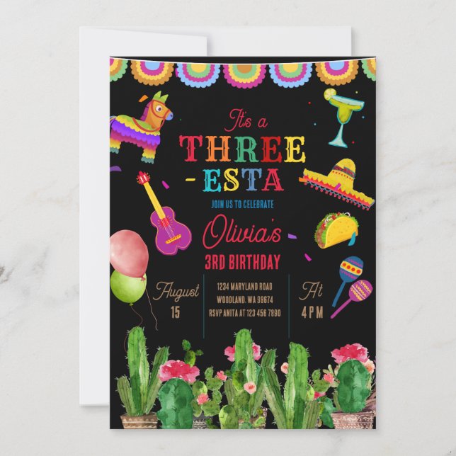 Invitación Banner mexicano Fiesta Tres-Esta Chica Cumpleaños (Anverso)