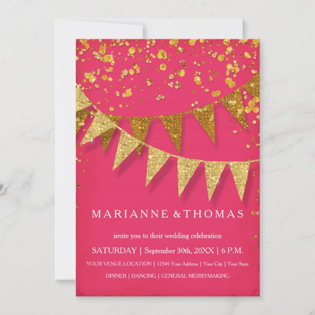 Invitación Banner moderno Pennant GoldGlitter Confetti rosa (Anverso)