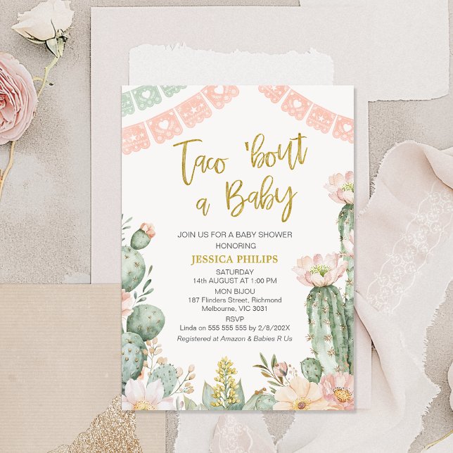 Invitación Banner rosa floral Taco sobre un bebé Baby Shower (Boho Blush Floral Taco 'bout a Baby baby Shower Invitation Template, Girls Taco 'bout a Baby Invite)