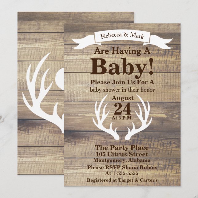 Invitación Banner Rústico de madera clara y pollos de ciervo  (Anverso / Reverso)