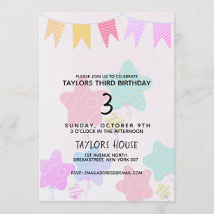 Invitación Banners Balloons Watercolor Primer Fiesta de cumpl