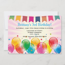 Invitación Banners y globos de la fiesta de cumpleaños rosada