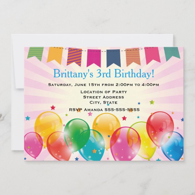 Invitación Banners y globos de la fiesta de cumpleaños rosada (Anverso)