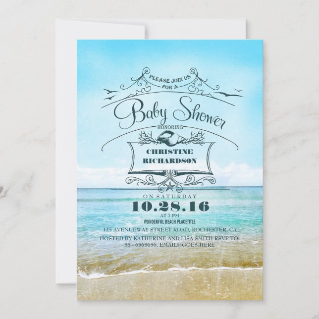 Invitación baño de bebé azul playa (Anverso)