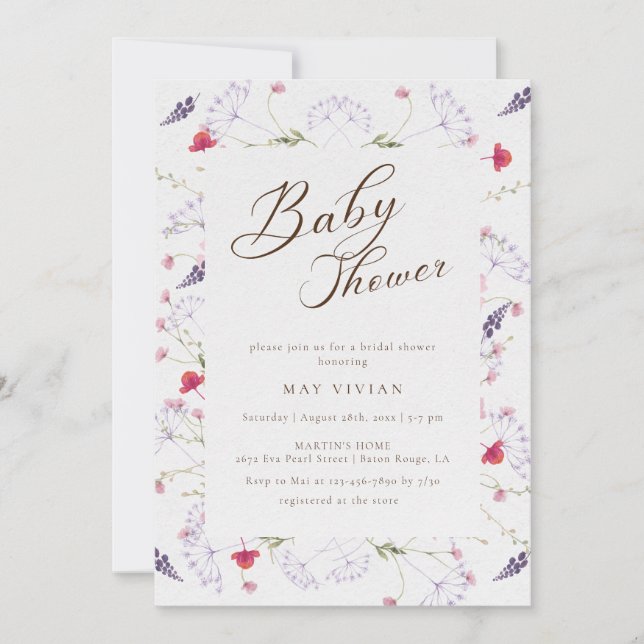Invitación Baño de bebé de flores silvestres delicadas a la a (Anverso)