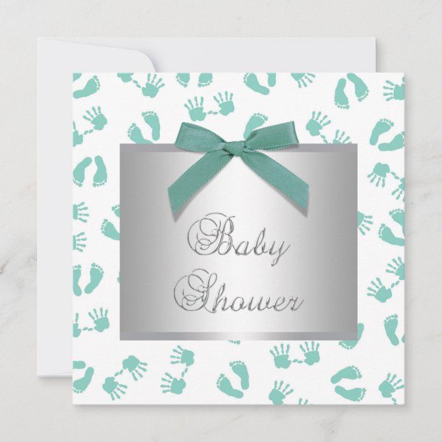 Invitación Baño de bebé manos pies verde menta (Anverso)