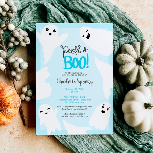 Invitación Baño de Halloween lindo fantasmas ducha de bebé az (Cute Halloween boo ghosts blue baby shower Invitation)