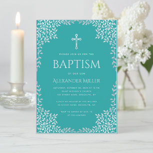 Invitación Baño de Niño Verde Aguamarina Hojas de Plata Falso